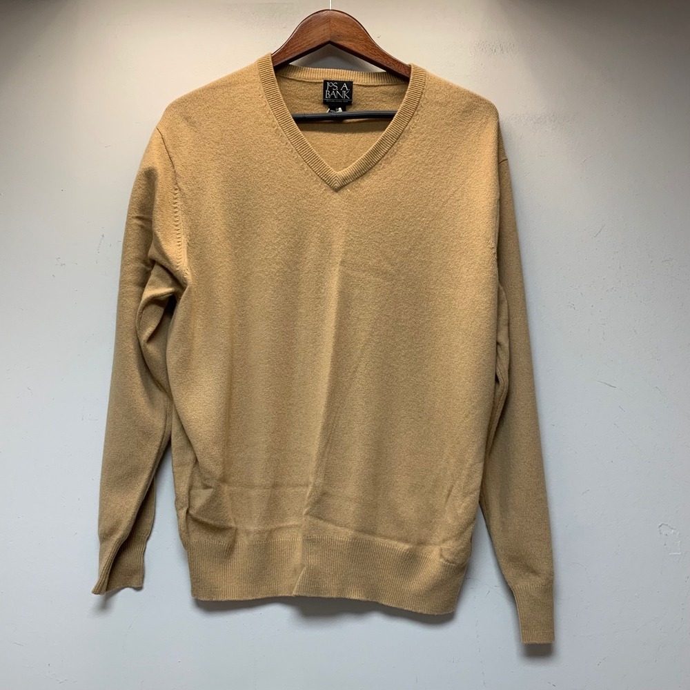 Jos. A. Bank Sweater Mens Medium Tan Excellent 100% Italian Cashmere V-Neck